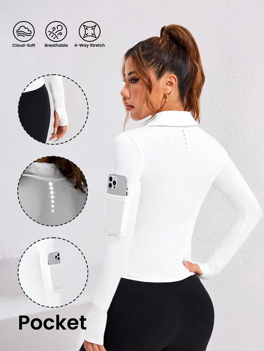 Easithlete Solid Color Pocket Long Sleeve Sports Polo Shirt - White - View 1