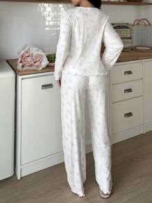 SweetSlumber Cute Allover Bow Print Women Pajama Set , Fall Winter Clothes Cozy And Elegant Details - White - View 2