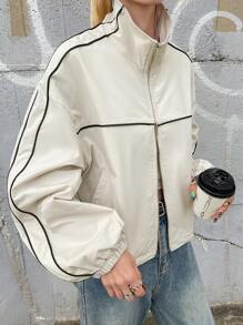 FRIFUL Women's Loose Fit Apricot Bomber Jacket, Color Block Sportswear, Spring Season - Apricot - View 4