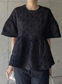 FRIFUL Women's Black Textured Puff Sleeve Blouse, Summer Clothing - Black - View 6