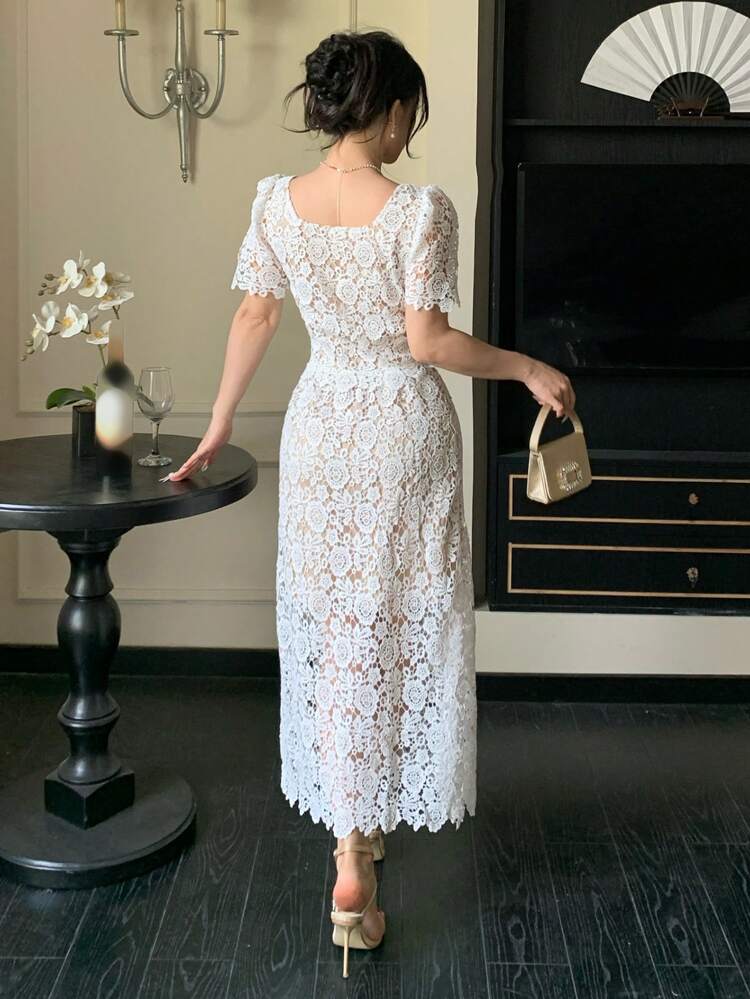 2 Pieces Set: Lace Collar Puff Sleeve Shirt & Skirt For Women Valentine Valentine's Day