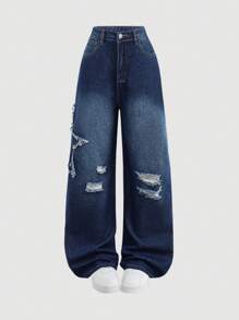 SHEIN Teen Girls' Frayed Star Decor Blue Ripped Loose Fit Jeans