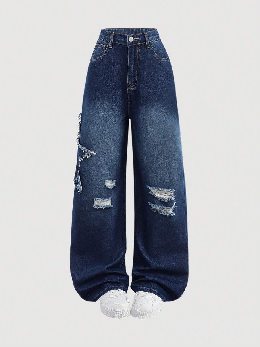 SHEIN Teen Girls' Frayed Star Decor Blue Ripped Loose Fit Jeans