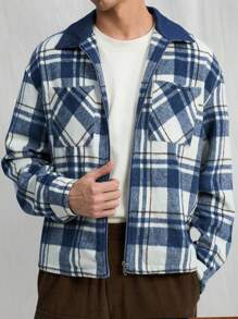 Manfinity VCAY 男士时尚休闲梭织宽松长袖拼布开衫，秋冬装 - 藍色 - 查看 1