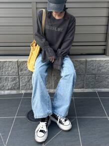 FRIFUL Women Oversized Grey Letter Print T-Shirt With Mesh Patchwork, Spring,Fall Clothes Long Sleeve Women Tops - Grey - View 2