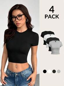 SHEIN PETITE Conjunto de 4 camisetas de mujer de manga corta, de cuello redondo, ajustadas, adecuadas para el verano, en color negro, blanco y gris con estampado floral