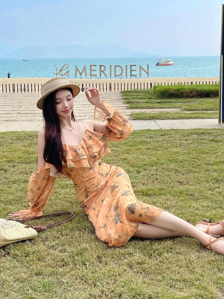 Women's Long Ditsy Floral Chiffon Ruffle Hem Spaghetti Strap Dress, Beach Vacation Style, Fall Dress Long Sleeve Dress Boho