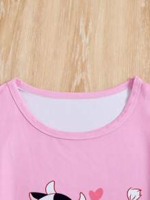 2 件套可爱奶牛和心形印花睡衣套装，适合女孩、母女搭配 - 彩色 - 查看 4