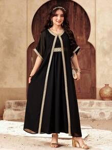 SHEIN Conjunto de 2 piezas para adolescentes con cárdigan negro con lámina de oro y vestido sin mangas elegante de princesa