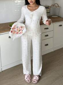 SweetSlumber Cute Allover Bow Print Women Pajama Set , Fall Winter Clothes Cozy And Elegant Details - White - View 5