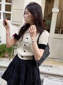 DAZY 女式撞色拼布翻领修身前开短袖针织上衣，春夏季，返校服装 - 杏色 - 查看 3