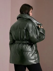 RueChic Plus Size Stand Collar Drop Shoulder Sleeve PU Leather Padded Jacket - Army Green - View 2