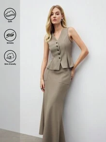 BizChic Set de 2 piezas Traje de chaleco y falda color caqui para mujeres, para usar en negocios/fiestas/citas, Primavera y Verano, Día de San Valentín - Caqui - Ver 2