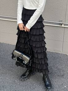FRIFUL Women's Black Cake Skirt, Long Skirt, Sweet Style For Spring And Summer,Ruffle - Black - View 6