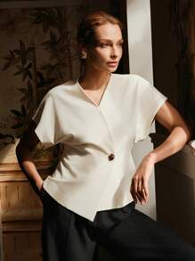 Anewsta Elaire Elegant White Metal Button Short Sleeved Shirt For Women Old Money - Beige - View 4