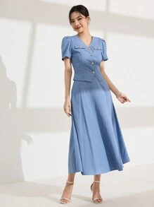 Modelyn 2pcs/Set Women Solid Color Single-Breasted Short Puff Sleeve Blouse & A-Line Skirt Set - Blue - View 6