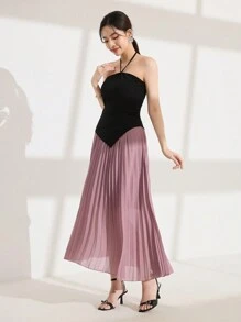 Modelyn Women's Korean Style Fashion Knit Fabric Black Tube Top Neck-Tied Patchwork Color Contrast Ruffle Hem Dress