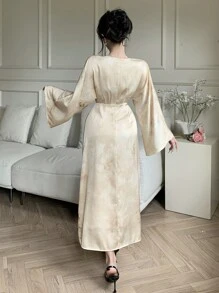 DAZY Women's V-Neck Splice Flare Sleeve Midi Dress, Watercolor Print, Apricot, Spring/Summer Fall,Winter - Apricot - View 2