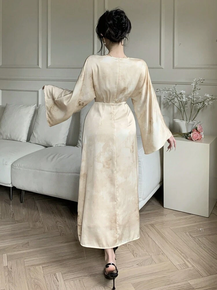 Women's V-Neck Splice Flare Sleeve Midi Dress, Watercolor Print, Apricot, Spring/Summer Fall,Winter