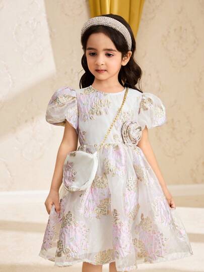 Young Girl Floral Jacquard 3D Flower Decorated Short Puff Sleeve Dress