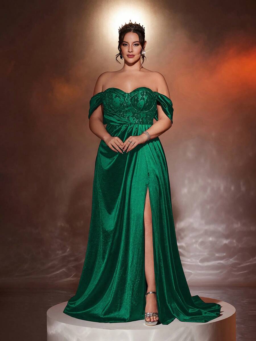Glamrae Vestido de noche formal de estilo poppy, de gasa transparente, con encaje, parches, hombros descubiertos, elástico, abertura alta y torsión, ideal para invitados de boda o fiesta, talla grande - Verde Oscuro - Ver 1