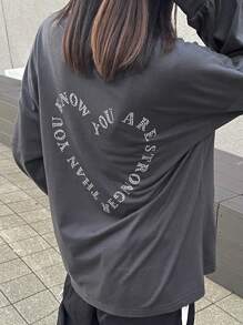 FRIFUL Women's Loose Gray T-Shirt With Rhinestone Heart Print, Spring,Graphic Tees Long Sleeve Women Tops