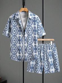 Manfinity RSRT 2pcs Digital Print Short Sleeve Shirt And Shorts Set, Simple Stylish Casual Everyday Wear - Multicolor - View 4