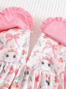Cozy Pixies Baby Girl Cartoon Rabbit Pattern Contrast Color Round Neck Sleeveless Romper