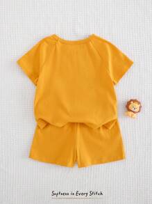 Cozy Pixies Set de 2 piezas de body de niño bebé con estampado de león de dibujos animados y top de punto de cuello redondo de manga corta, y pantalones cortos de cintura elástica