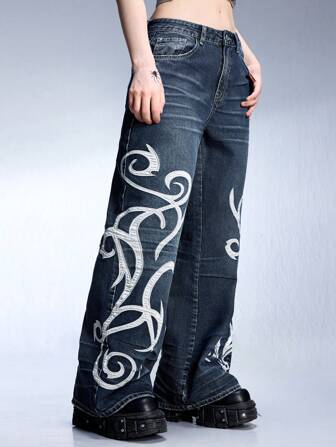Grunge Punk Vintage ausgewaschene, verblasste Y2K Farbblock Satin bestickte weit geschnittene Boyfriend Jeans für Frauen