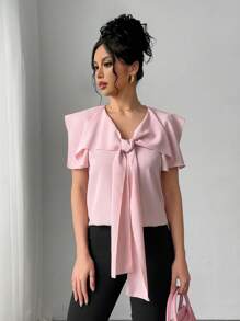 Chiquease 优雅高领蝴蝶结无袖上衣 - 粉色 - 查看 5
