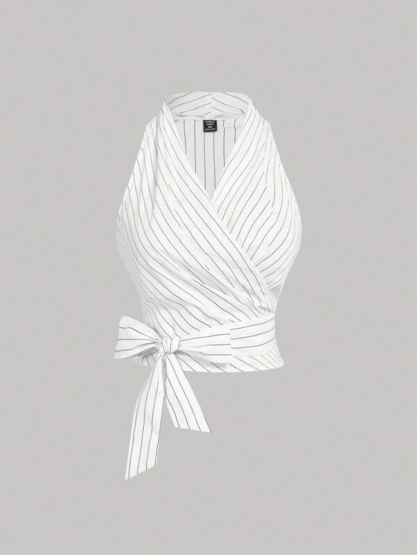 SHEIN MOD Plus Size Women's Striped V-Neck Crop Top With Waist Tie