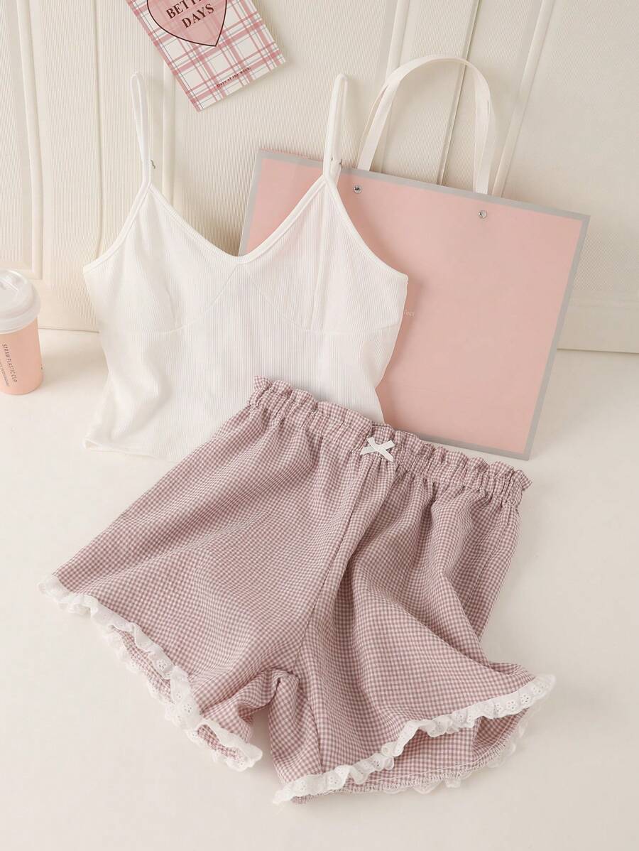 SHEIN 少女时尚休闲舒适白色罗纹和浅紫色格子拼接白色花卉印花吊带背心和短裤 2 件套睡衣套装 - 彩色 - 查看 1