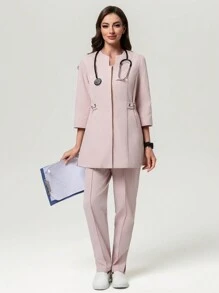Scrubzie 2pcs Set Women Long Sleeve Shirt & Pants, Nursing Scrub Uniform - Pink - View 7