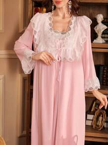 PalaceNights 2 Pieces Contrast Ruffle Hem Embroidery Floral Palace Style Women Pajamas Set