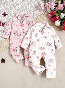 SHEIN 2pcs/Set Cute&Elegant Baby Girls Casual Allover Print Long Sleeve Jumpsuit Home Lounge Set - Baby Pink - View 1