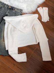 SHEIN EZwear 女士纯色长袖短款休闲连帽夹克，秋冬新品 - 白色 - 查看 2