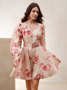 Anewsta Spring/Summer New French Style Lantern Sleeve V-Neck Floral Print A-Line Mini Dress With Belt - Multicolor - View 3