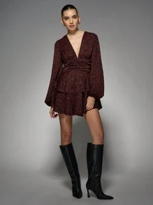 MISSGUIDED 豹纹褶皱迷你连衣裙，长袖深V领，派对晚宴层叠裙摆，适合特殊场合，2024秋冬款 - 彩色 - 查看 3