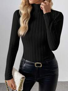 RosyDaze Ribbed Knit Thermal Lined Turtleneck Long Sleeve Top, Autumn Basic Top