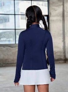 SHEIN Áo khoác thể thao dài tay bó sát màu trơn cho bé gái tuổi mới lớn, thường ngày/mặc ở nhà - Màu xanh hải quân - Xem 2