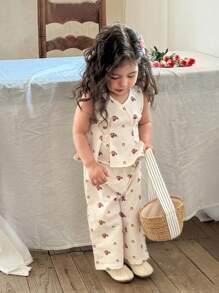 SHEIN LMoss Kids 女婴花卉印花吊带背心和裤子两件套，夏季