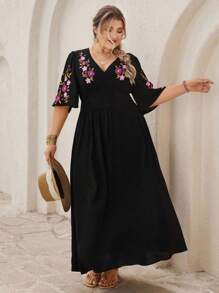 SHEIN VCAY Váy dài tay ngắn cổ chữ V thêu eo loe cỡ lớn mùa hè, váy Boho thường ngày lãng mạn cho kỳ nghỉ, ngày lễ tình nhân - màu đen - Xem 5