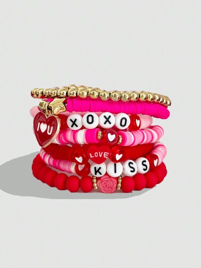 Kawaii 7pcs Romantic XOXO/KISS Letter Beaded Pink Bracelet Set, Festival Gift For Wife/Friends For Valentine's Day