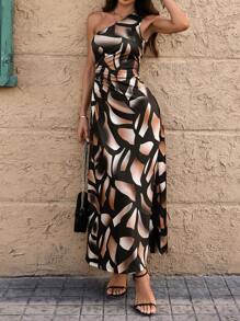 Chiquease Women All-Over Print Ruched Waist Long Elegant Dress, One Shoulder - Multicolor - View 1