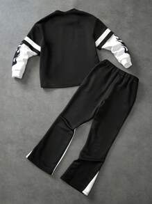 Coolane Kids Conjunto de dos piezas de suéter de manga larga estilo hip-hop con bloques de color negro y blanco y pantalón ancho de chándal, para niños preadolescentes en primavera/verano