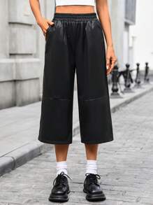 弹力腰部 PU 皮 3/4 裤，新款夏季薄款时尚百搭黑色简约宽松阔腿裤 - 黑色 - 查看 1