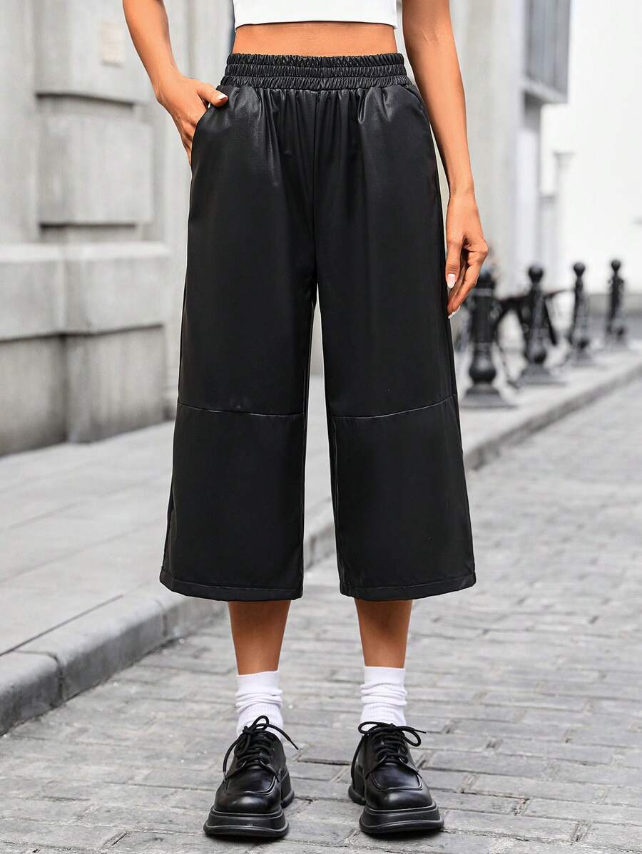 弹力腰部 PU 皮 3/4 裤，新款夏季薄款时尚百搭黑色简约宽松阔腿裤 - 黑色 - 查看 1
