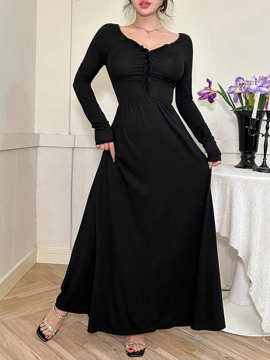 DAZY Women's Elegant Solid Color Waist Cinched Dress,Casual Women Dresses,Fall Clothes - Black - View 1