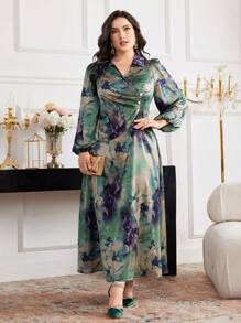 Modelyn Plus Size Women Tie-Dye Print Collar Lantern Sleeve Elegant Dress - Multicolor - View 5